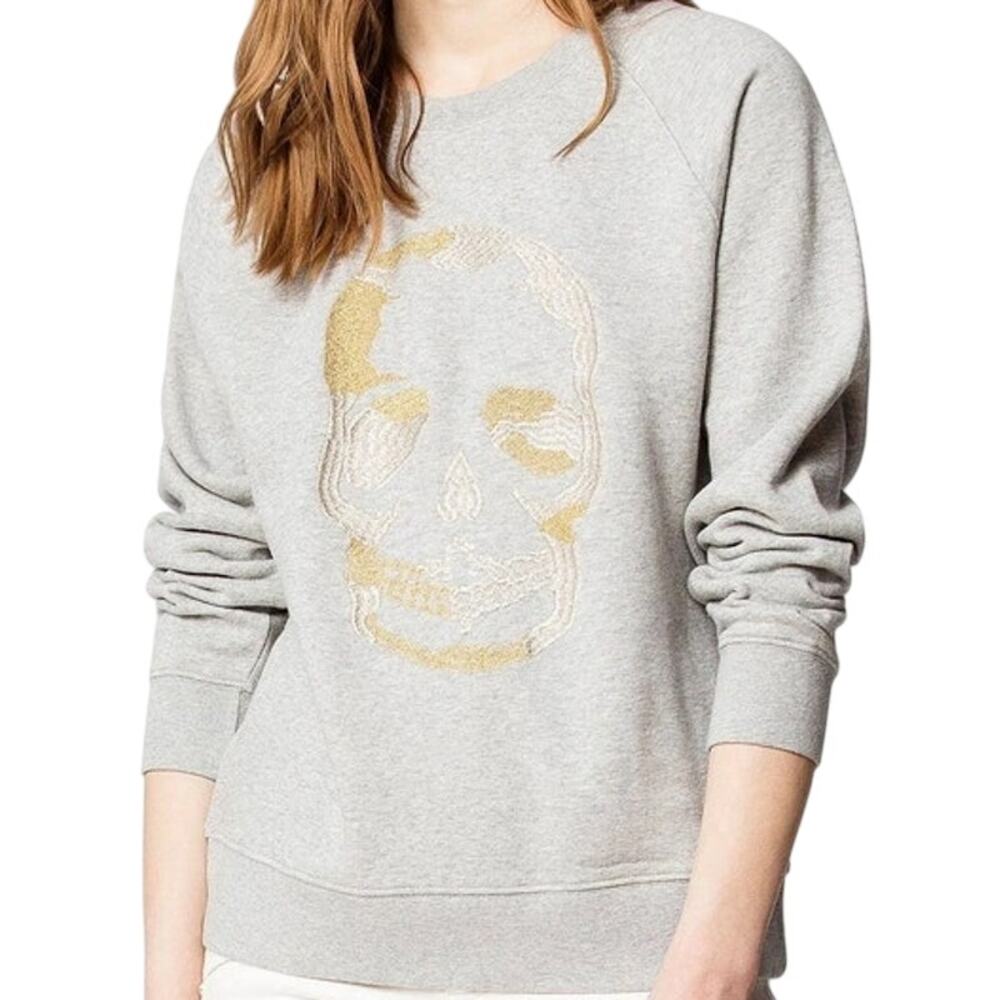 Zadig & Voltaire Skull Sweatshirt Crew Neck Pullover Metallic Print Gray Small